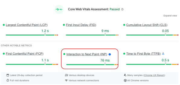 Core Web Vitals screen with Interaction to Next Paint highlighted